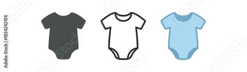 baby onesie icons three onesie icons one flat solid monochrome one thin black outline black and white one full color flat icon pastel blue or pink