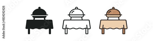 buffet table icons three long table silhouettes with covered dish shapes one flat solid monochrome one thin black outline black and white one full color flat icon warm neutral palette