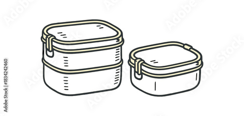 Flat vector illustration 2 stainless steel lunch containers with simple etched lines rounded forms zero contain