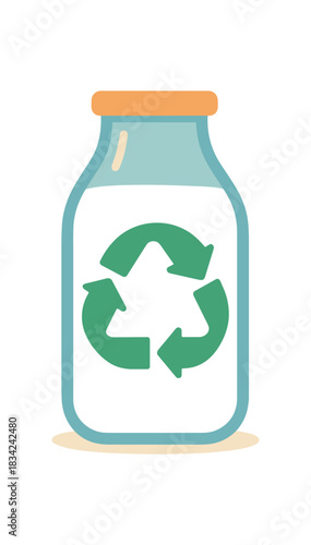 Flat vector illustration of bright glass milk bottle with bold reusable symbol icon rounded shapes minimal detail
