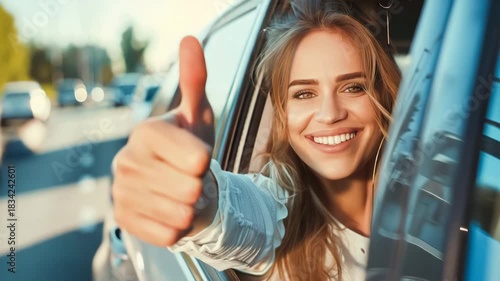 Young happy woman driving a car and showing thumb up. car sharing, buying a car, car insurance, driving school, auto repair shop, roadside assistant promotion