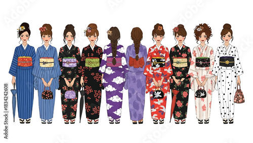 Group of cartoonstyle women wearing traditional Japanese kimonos and carrying accessories
