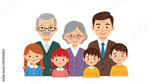 Illustration of a multigenerational family with grandparents parents and children isolated on transparent background