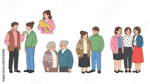 Illustration of extended family members including couple baby elders isolated on transparent background