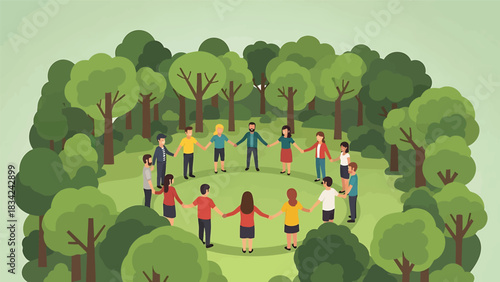Illustration of multiethnic people standing in a circle holding hands in nature