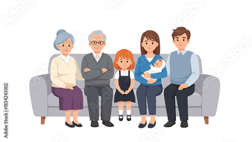 Multigenerational family sitting on a sofa together with grandparents parents and children