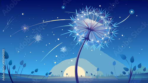 A fragile dandelion head releasing sparkling seeds into the air, framed by a smooth blue twilight backdrop. Soft, magical atmosphere perfect for nature-inspired visuals and serene design concepts