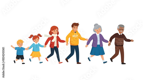 MultiGenerational Family Walking Together Holding Hands Isolated on Transparent Background Illustration