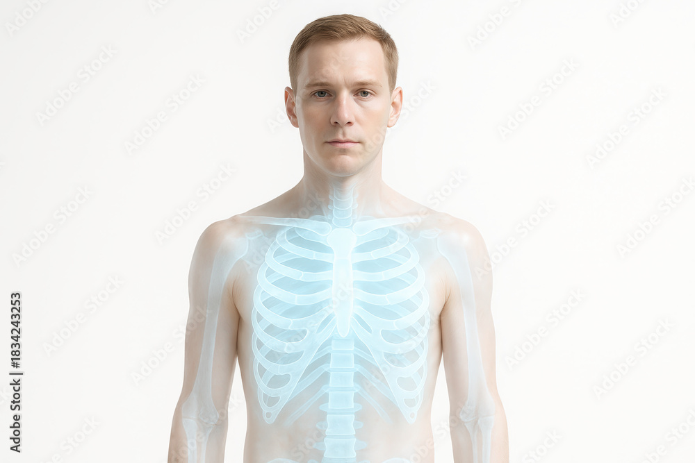 Fototapeta premium AI generated image of a transparent human anatomy with glowing rib cage visualization, modern medical and health technology concept on clean white background.