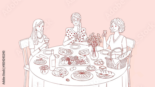 Three women enjoying a delightful dinner party with food and drinks in line art