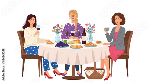 Three women enjoying wine and cheese at a luncheon isolated on transparent background