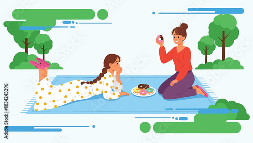 Two young women having a picnic with donuts in a stylized landscape