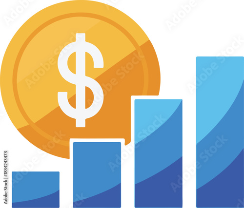 Dollar coin and ascending bar chart vector illustration representing financial growth and business success.