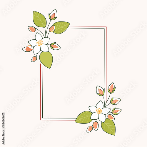 Decorative Floral Border With White Blossoms And Green Leaves On A Soft Beige Background