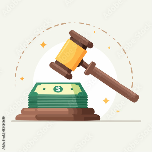 Auction Gavel Striking Stack of Money Symbolizing Financial Judgment and Legal Bidding Processes with Sparkles