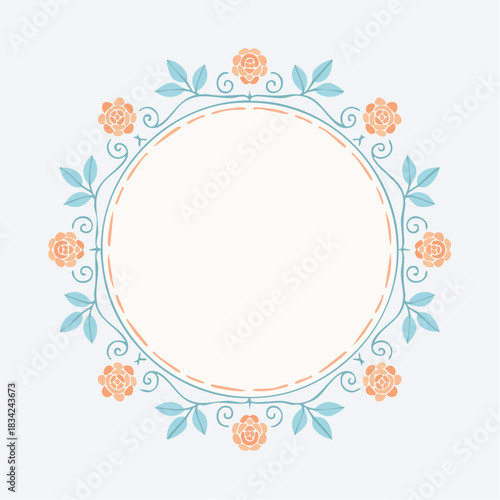 Delicate Floral Border With Orange Roses And Blue Leaves On A Light Cream Circular Frame Against A Pale Blue Background