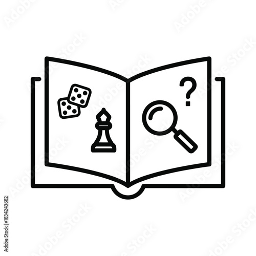 Open Book with Game and Puzzle Elements Outline Icon