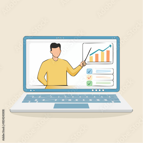 Man Giving Presentation on Laptop Screen With Growth Chart Checklist and Data Visualizations