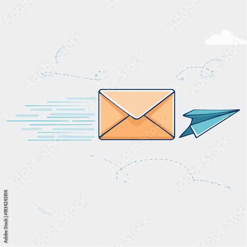 Peach Envelope Flying Through Sky With Blue Paper Airplane And Clouds