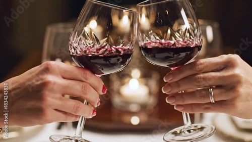Two hands hold crystal glasses with red liquid, clinking for a toast, with soft candlelight in the background