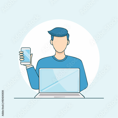 Man With Blue Shirt Holds Smartphone Near Laptop Computer In A Minimalist Flat Design Style