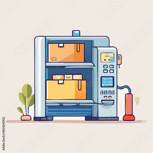 Automated Packaging Machine Loading Boxes Inside Warehouse With Connected Red Hose and Green Plant Element
