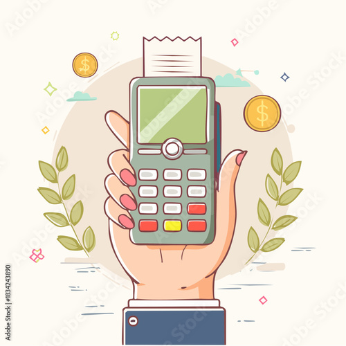 Hand Holding Payment Terminal With Coins And Laurel Wreath On Beige Background Vector Illustration