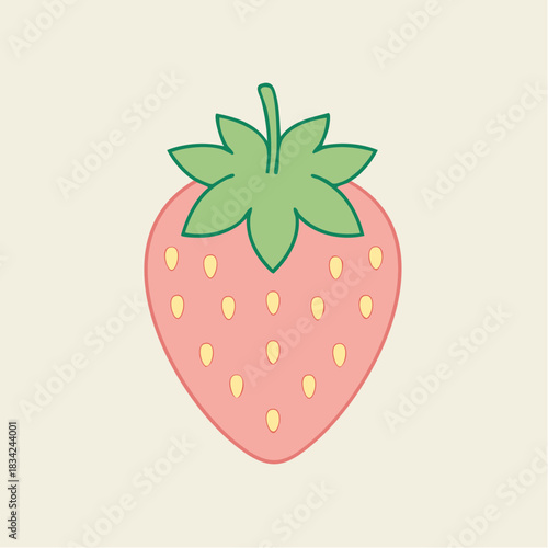 Simple Pink Strawberry With Green Leaves And Yellow Seeds On A Light Cream Background