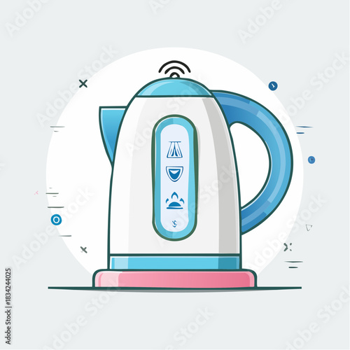Modern Electric Kettle With Digital Display And Blue Handle On A White Circular Background With Subtle Geometric Accents