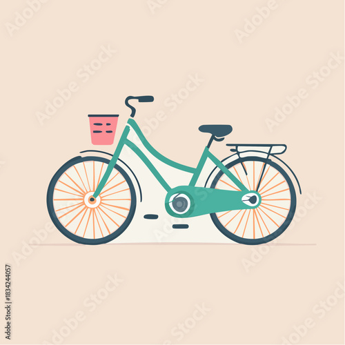 Teal Vintage Bicycle with Pink Basket and Orange Wheels on a Light Peach Background with Subtle Shadows