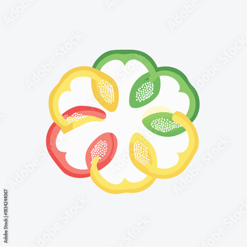 Colorful Bell Pepper Rings Arranged in a Circular Pattern on a Light Gray Background