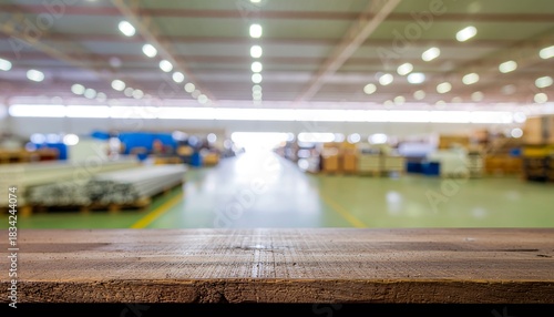 Rustic wooden table with blurred factory backdrop for product display