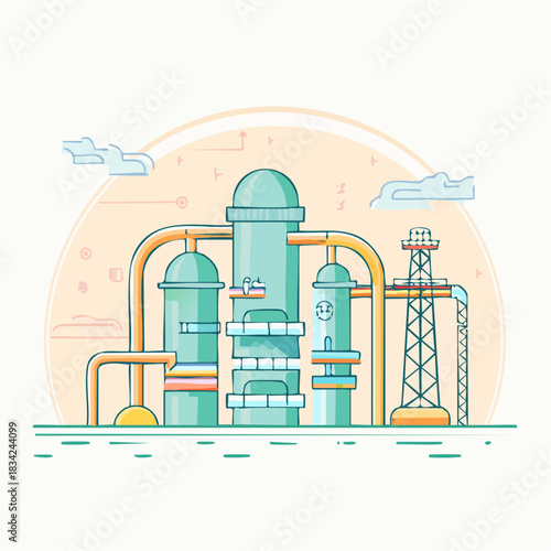 Industrial Chemical Plant With Tall Towers And Pipelines Under A Cloudy Sky With Soft Orange Light