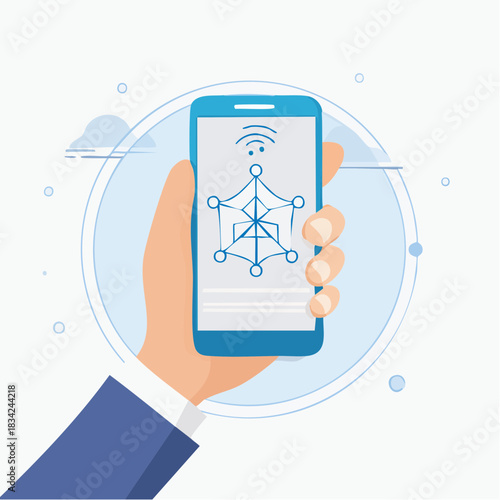 Hand Holding Smartphone Displaying Geometric Network Diagram With Wifi Symbol In Blue And White Abstract Background