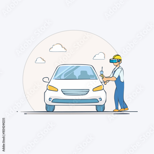 Man Wearing Virtual Reality Headset Inspects White Car With Blue Overalls In Digital Environment