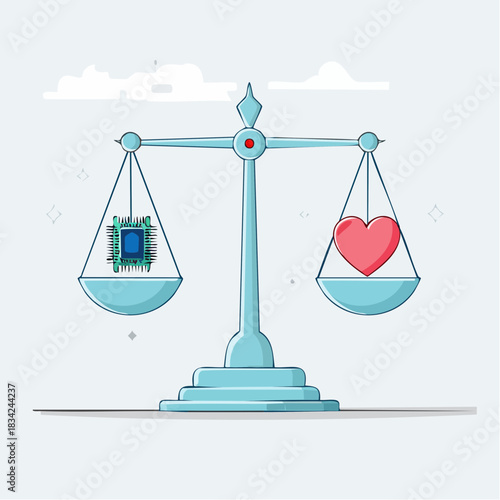 Balancing Act Between Technology and Emotion Represented by a Scale With a Microchip and a Heart Symbol in a Minimalist Style