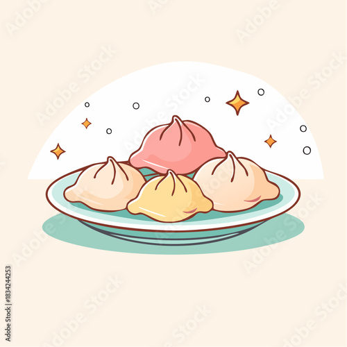 Pixel Art Plate Of Delicious Steamed Dumplings In Pastel Colors With Sparkles And A Soft Background