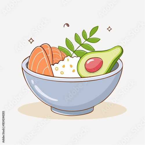 Pixel Art Bowl of Salmon Rice and Avocado With Green Leaves and Sparkles
