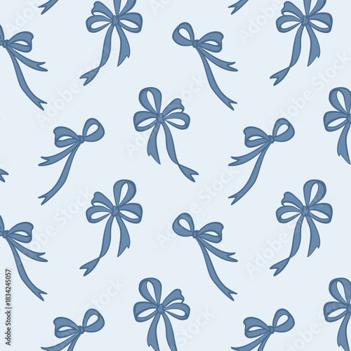 Minimal seamless bow pattern in dusty blue palette. Scandinavian-inspired outline style suitable for winter decor, packaging, stationery and calming elegant prints.
