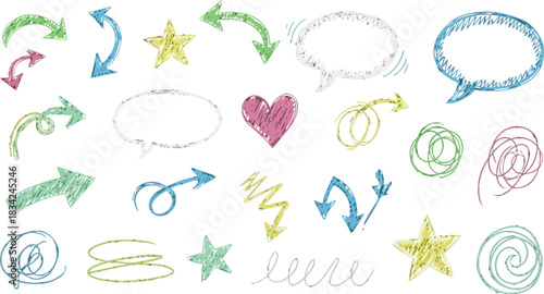 Chalkboard art featuring colorful arrows stars speech bubbles and abstract shapes