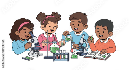 Diverse Children Learning Science with Lab Equipment and Microscopes.