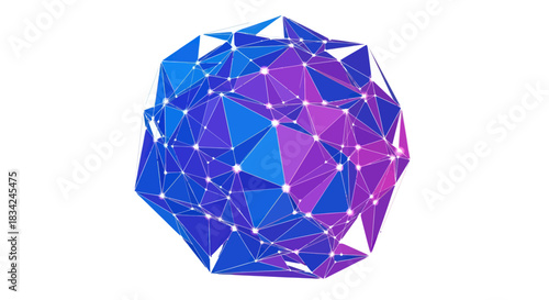 Abstract Polygonal Sphere with Blue and Purple Triangles and White Dots.