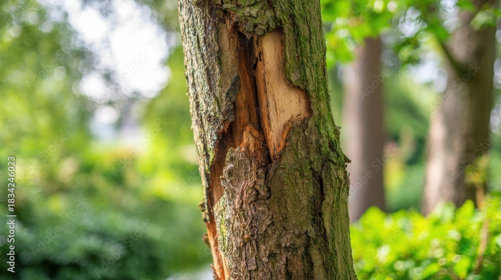 Fototapeta premium custodianship. Close-up of tree trunk with abnormal swelling and torn bark, textured botanical imperfection. gardening catalogs, home-decor guides, designed for gardening and botanical catalogs.