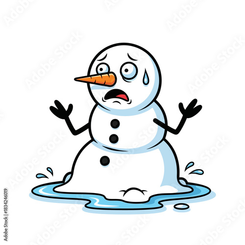 Snowman melting winter cartoon character sad snow holiday season climate change global warming melt puddle carrot nose