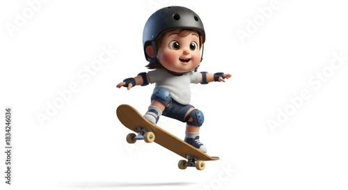 Cheerful Cartoon Child Skateboarder in Protective Gear Mid-Air.