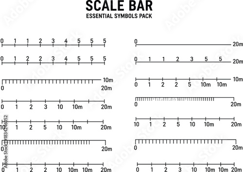 Detailed collection of measurement scale bars for maps and diagrams, essential symbol pack featuring metric units, precision markings, and clear graphic elements