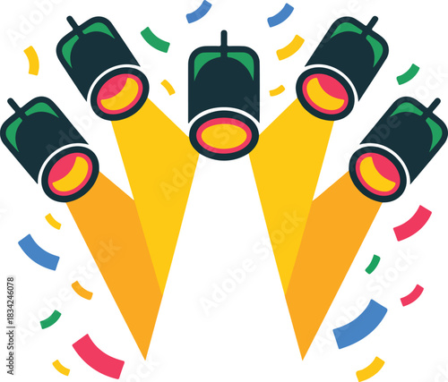 Five stage spotlights vector casting bright yellow light beams with colorful confetti for a festive event and performance celebration