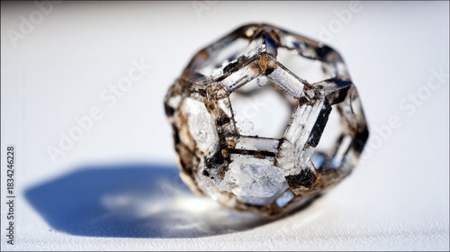 condoning. A naturally formed icosahedral crystal mineral, refracting geometric light in soft natural lighting against a clean background. STEM education sheets.