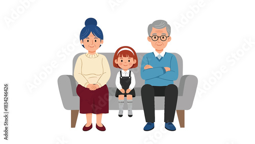 Cartoon illustration of grandparents sitting on a sofa with their granddaughter isolated