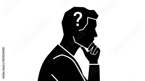 Thinking person silhouette vector, simple shapes, clean contours, isolated black and white design, conceptual idea symbol